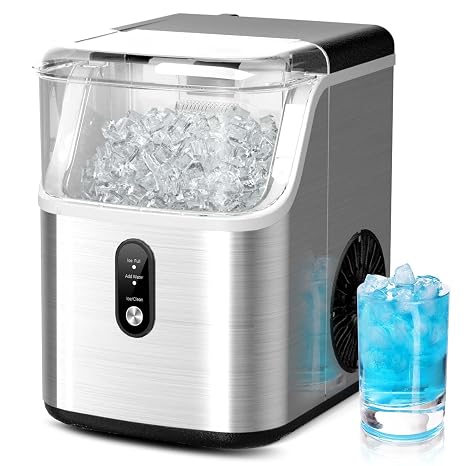 Nugget ice Maker countertop, Soft Pebble ice Machine 40lbs/Day Small chewable Pellet ice, Stainless Steel Quiet mini Chewy ice Maker self Cleaning, Ice Ready in 6 Mins for Home Kitchen Office