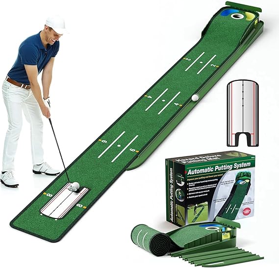 Professional Golf Putting Mat with Auto Ball Return Track & Putting Mirror, Golf Practice Training Mat for Men Playing Golfs Game at Home Office or Backyard (Golf Putting Green)
