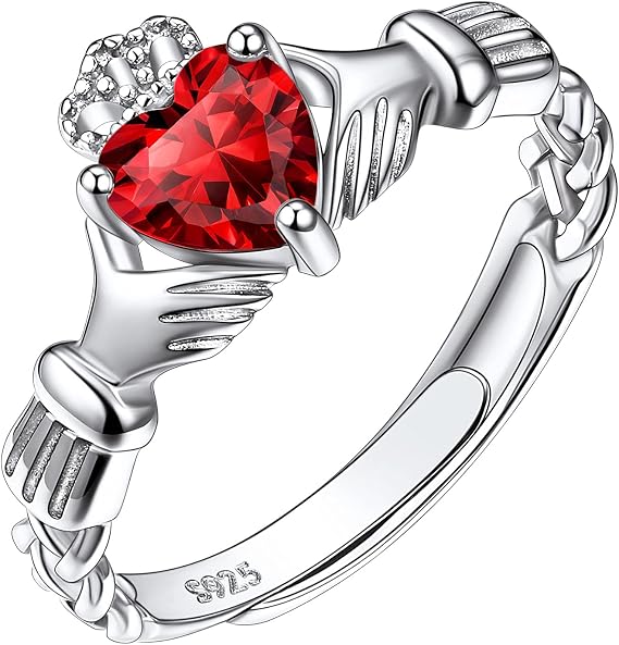 Suplight 925 Sterling Silver Claddagh Heart Rings, Adjustable Birthstone Ring Irish Celtic Jewellery for Women Girls (with Gift Box)