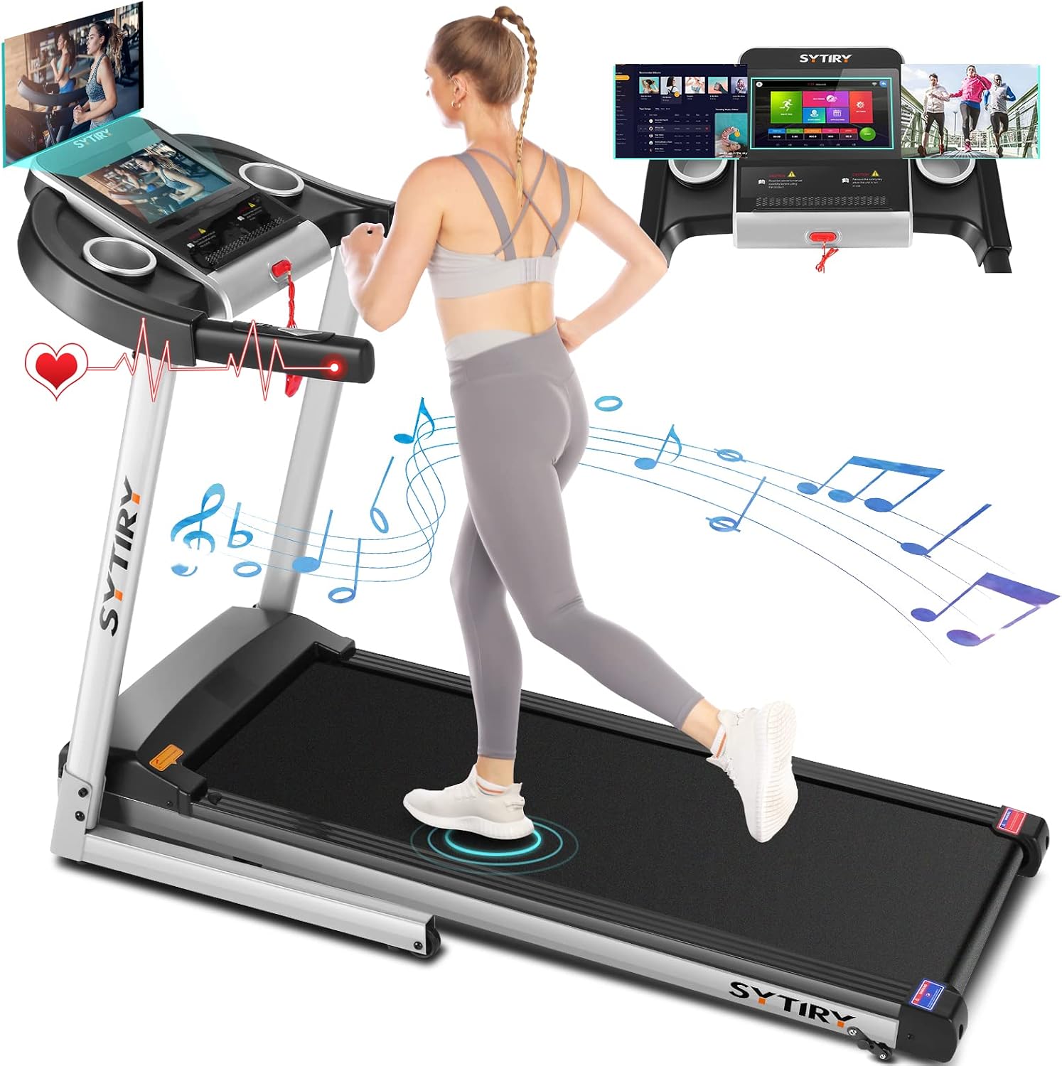 SYTIRY Treadmill with 10" HD TV Touchscreen,Folding 3.25HP Brushless Motorand Incline Treadmills,WiFi Connection,3D Virtual Sports Scene,YouTube,Bluetooth Speakers etc