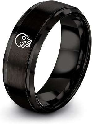 Gift for Gothic Art Fan - Skull Ring - Tungsten Carbide - 8mm - Flat Dome Bevel - Black Yellow Gold Silver - Personalized Custom Engraving - Brushed Polished - Band - Anniversary Wedding - Men Women