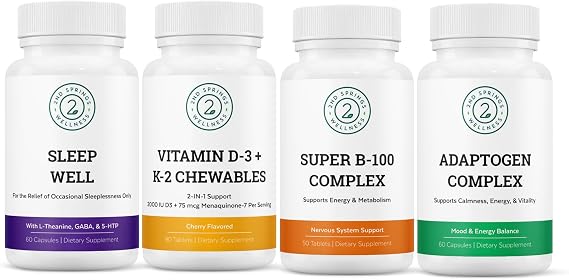 Essential Supplement Bundle - Vitamin D3+K2 Chewables, Super B-100 Complex, Sleep Well & Adaptogen Complex