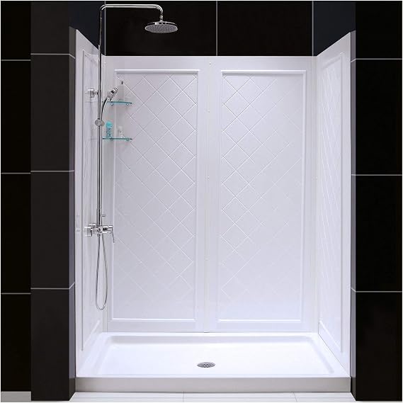 DreamLine 30 in. D x 60 in. W x 76 3/4 in. H Center Drain Acrylic Shower Base and QWALL-5 Backwall Kit In White, DL-6189C-01