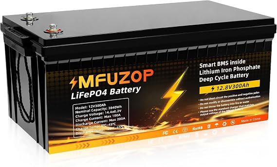 12V 300Ah LiFePO4 Battery Built-in BMS 200A 15000Cycles Deep Cycle Lithium Battery Max 3840W Power Supported in SeriesParallel, Perfect for Solar, RV, Off-Grid