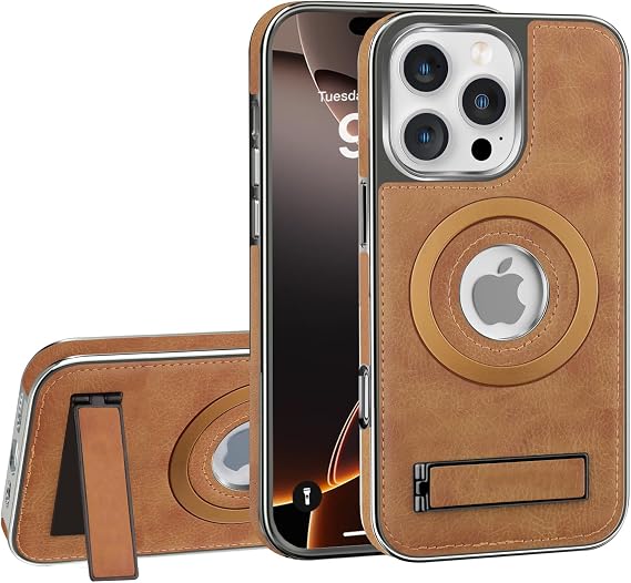 Leather Magnetic Case for iPhone 16 Pro Max with Kickstand,Built-in Invisible Stand [Compatible with Wireless Charging] Slim Shockproof Protective Phone Cover for iPhone 16 Pro Max 2024(Brown)