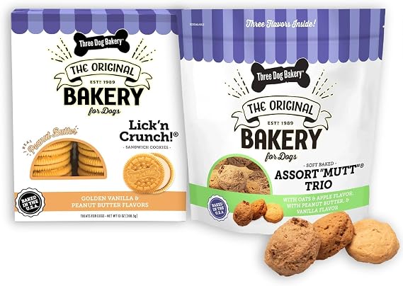 Three Dog Bakery Classic Cremes Baked Dog Treats & Assort Mutt Trio, Premium Dog Training & Puppy Treats