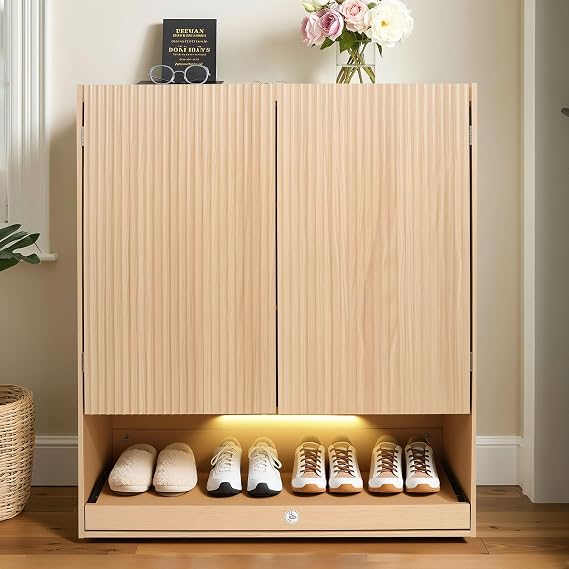 Shoe Cabinet with LED Light, 4-Tier Shoe Storage Cabinet with 2 Adjustable Shelves, Large Shoe Storage with Fluted Panel Modern Shoe Rack for Entryway, Bottom Pop-Up Shoe Rack, Natural Wood
