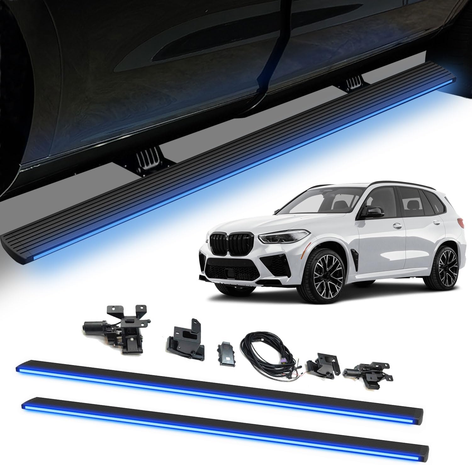 Fits 2019 2020 2021 2022 2023 BMW X5 G05 Deployable Power Electric Running Boards with LED Light Strips, Aluminum Retractable Side Step Nerf Bars, Black