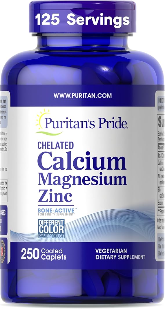 Puritan's Pride Premium Chelated Calcium Magnesium Zinc with Bone-ActiveTM, Dietary Supplement for Bone Health and Immune Function Support, 250 Coated Caplets