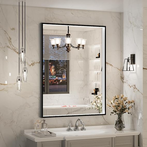 24x32 Inch LED Bathroom Mirror with Lights, Black Metal Frame Mirror, Wall Mounted Lighted Vanity Mirrors for Wall