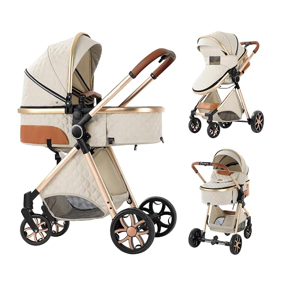 Baby Stroller 2 in 1 Baby Prams Pushchair Function, Foldable, Portable, Comfortable, for Infant Toddler Aged 0-36 Months (White & Golden)