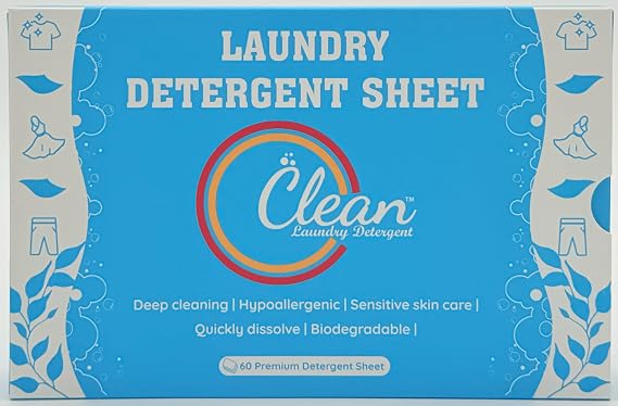 Clean Laundry DetergentTM Hypoallergenic, Eco-Friendly, Plant-Based, Biodegradable, 100% Natural Gentle on Skin & Fabrics, Fresh Scent, 60 Premium Detergent Sheet