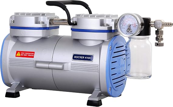 Rocker 410C Diaphragm Oilless Vacuum Pump, PTFE, Chemical Resistant, 25 mbar, 23 LPM, 1750 RPM, 110V