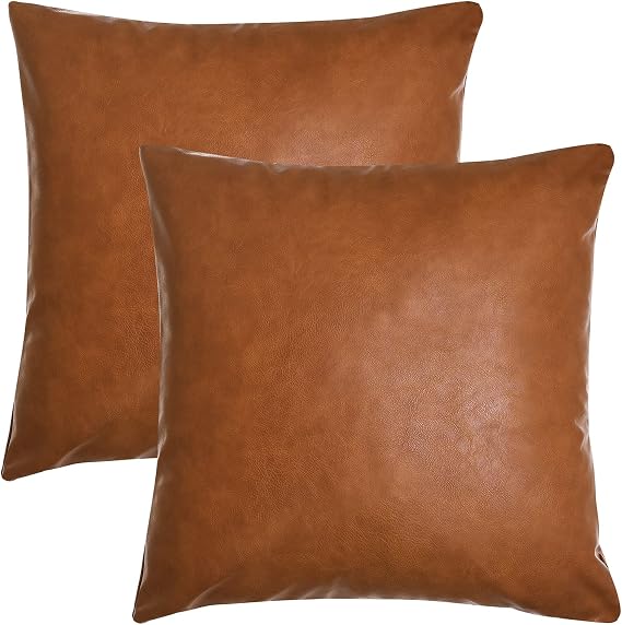 Tosewever Faux Leather Throw Pillow Covers, 18 x 18 inch Set of 2 Luxury Cognac Brown Modern Pillowcases Solid Decorative Square Cushion Cases for Bedroom Living Room Couch Bed Sofa (Brown, 18" x 18")