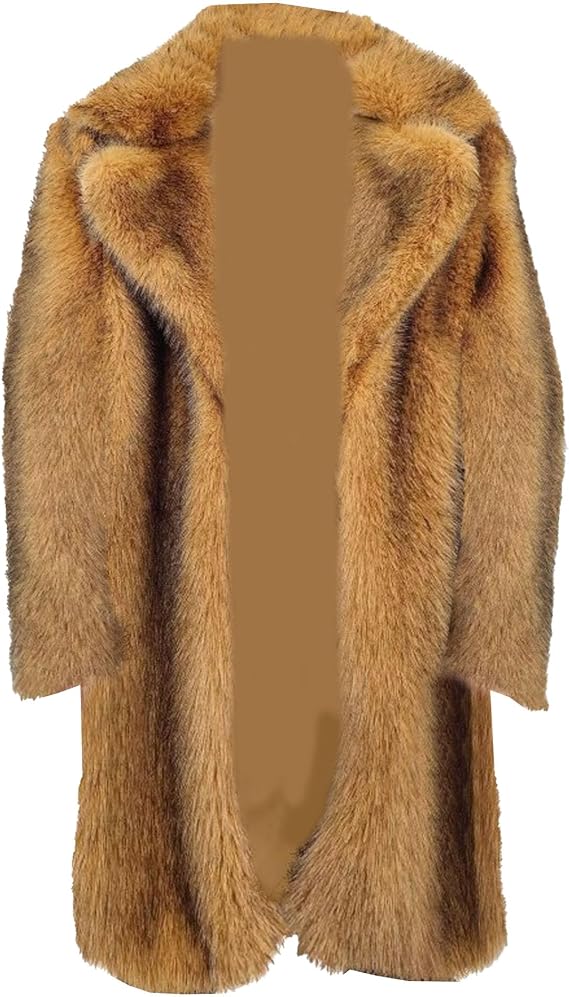 Men's Long Sleeve Fluffy Faux Fur Coat Winter Warm Fur Collar Overcoat Long Thicken Soft Jacket Outerwear