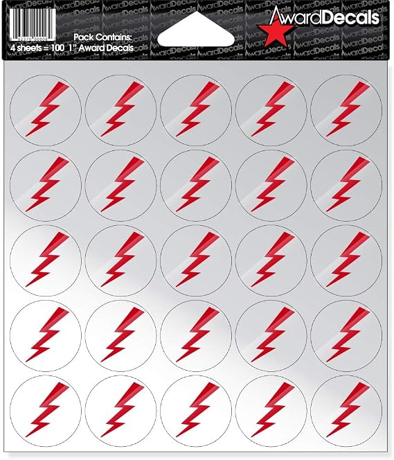 Award Decals Lightning Bolt (Red on Clear) Sticker Set (100 Decals 1") The Original Award Decals Premium 20mil Thick Helmet Decals Made in the USA Since 1976