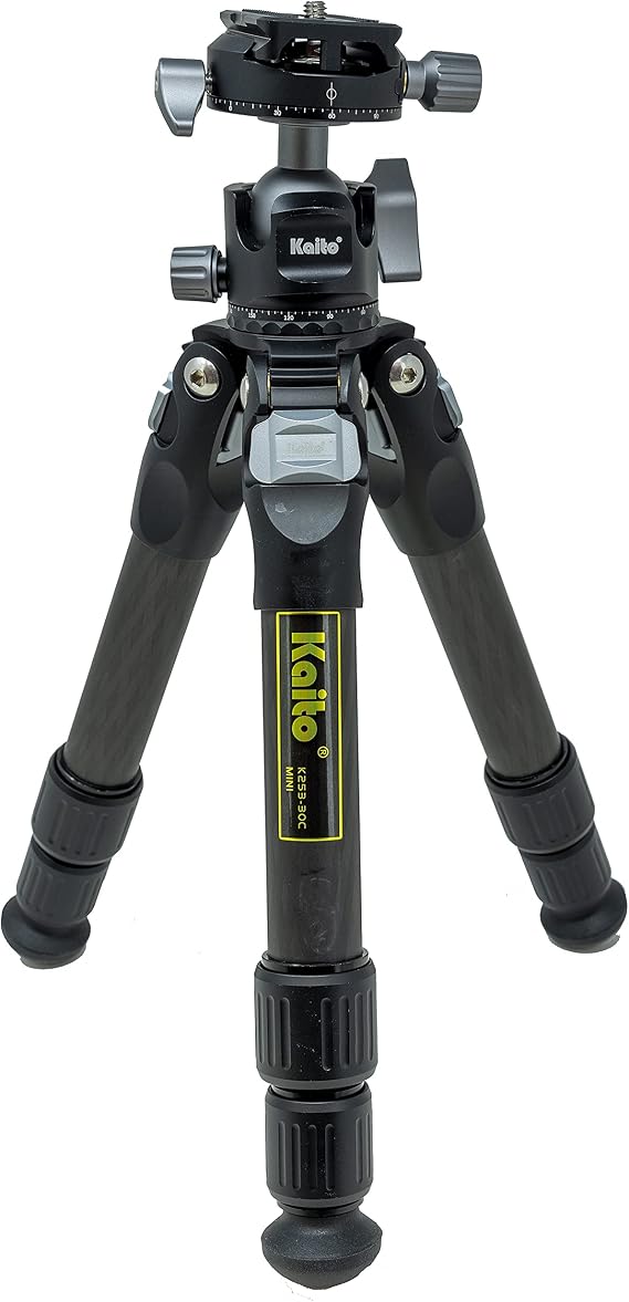 Kaito K253-30C Mini 3-Section 20-Inch Carbon Fiber Camera Tripod with 360 Panorama Ball Head and Quick Release Plate, Maximum Load Capacity 17.6 lbs, Carrying Bag Included