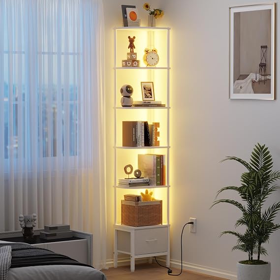6-Tier Corner Shelf with LED Light & Fabric Drawer, White