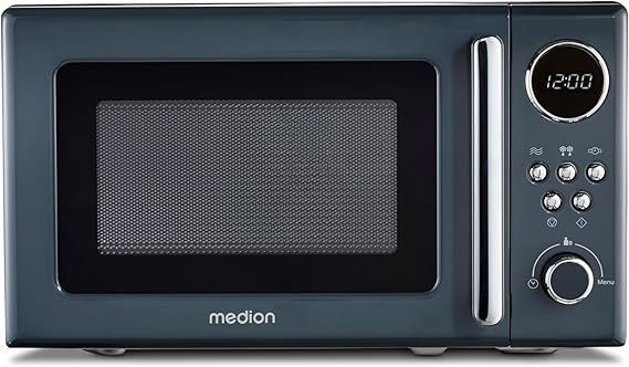 MEDION MD15000 Retro Microwave Small (20 Litres Approx. 800 Watt 5 Microwave Levels 8 Automatic Programmes Digital Display Defrost Function Compact Grey