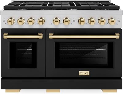 ZLINE Autograph Edition 48 in. 6.7 cu. ft. Paramount Double Oven Gas Range with 8 Burner Cooktop in Stainless Steel with Black Matte Doors and Polished Gold Accents SGRZ-BLM-48-G