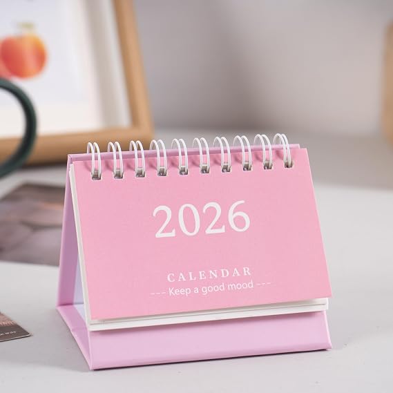 Mini Desk Stand Calendar 2026, Small 2025-2026 Desktop Standing Monthly Flip Calendar Schedule for Office School Home Classroom (Pink)