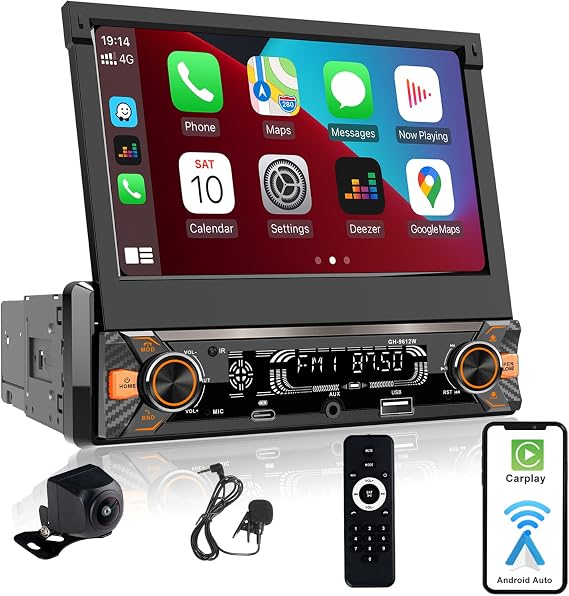 Single Din Car Stereo Touchscreen (7" Motorized Flip Out) Compatible with Apple CarPlay [Wireless] Android Auto Car Radio Bluetooth Type-C USB (3A Fast Charge) Backup Camera AUX