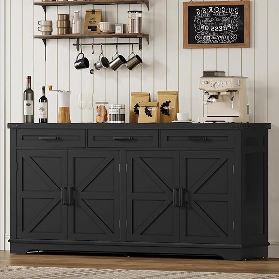 usikey Buffet Cabinet, 61 Large Sideboard Buffet Storage Cabinet with 3 Drawers, Farmhouse Coffee Bar with 4 Doors, for Kitchen, Living Room, Black