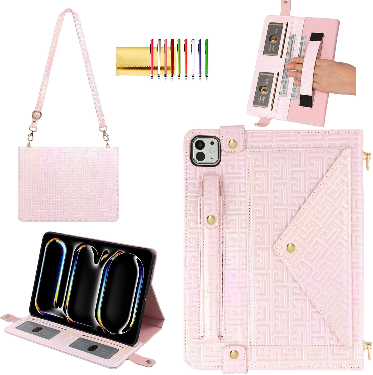 Shiny Case for iPad Pro 11 M4 5th Gen 2024 Handbag Case, Techcircle Iridescent PU Leather Folio Envelope Pocket Stand Cover with Hand StrapShoulder StrapPencil HolderCard Slots, Shiny Pale Pink