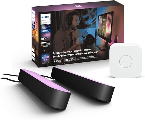 Philips Hue Smart Play Starter Kit - Two Black Hue Play Light Bars+Hue Bridge+Power Supply - For TV, Gaming and Room Decor, Control With App, Works With Voice Assistants