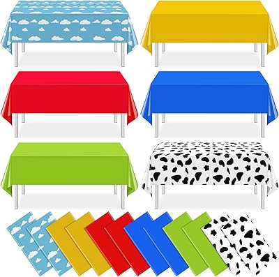 12 Pack Blue Sky and White Cloud Tablecloth Cartoon Story Mix Color Plastic Tablecloth Toy Inspired Disposable Rectangle Table Cover for Baby Shower Cow Birthday Cartoon Party Decorations,108  54inch