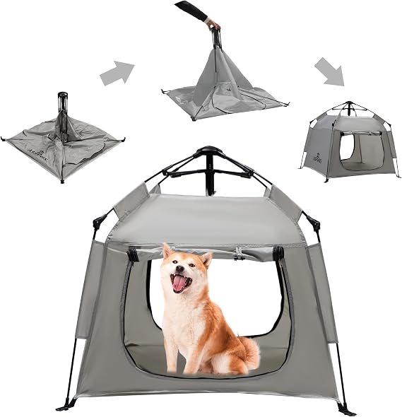ASFANES Outdoor Pet Automatic Camping Tent, Pop up Cave Bed for Indoor Cats and Small Dogs, Portable Cat House Dog House, Grey. (No Ventilation mesh, Door Must be Left Open for use)