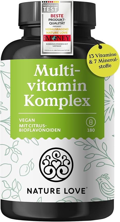 Nature Love Multivitamin Complex - 180 Vegan Capsules - Vitamins A-Z & Minerals - with Green Tea Extract and Citrus Bioflavonoids - High Dose and Bioactive Forms - Laboratory Tested