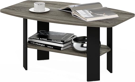 Furinno Simple Design Coffee Table, French Oak Grey/Black | Small Side Table wih Open Shelf, Tabletop with Soft Edges, for Living Room, Home Office,
