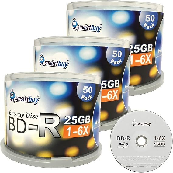 Smartbuy Logo Top 150 Pack Bd-r 25gb 6X Blu-ray Blank Write-Once 150 Disc | Single Layer Data Video Media Blank Recordable Disc, Hold Roughly 2 hours of high-definition video, Cakebox Spindle Packaging