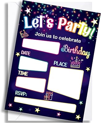 WorldBazaar Neon Birthday Invitations With Envelopes 20 Pack Lets Glow Theme Kids Birthday Party Invitation For Boys Girls Birthday Party Supplies