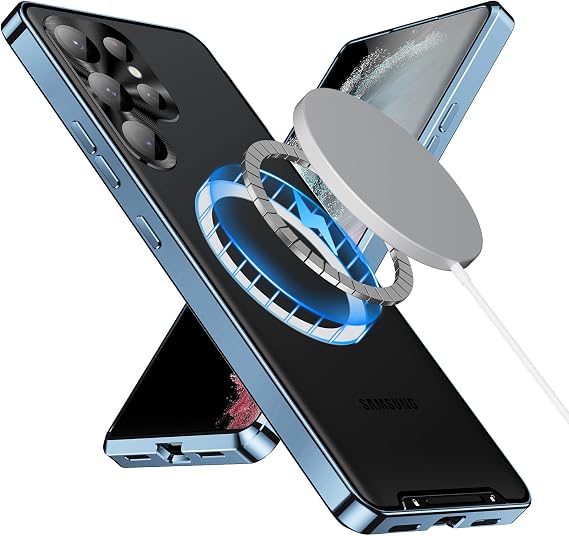 Galaxy S23 Ultra Metal Case Compatible with MagSafe Wireless Chager Shockproof Metal Bumper Safety Lock Frosted PC Back Panel Camera Lens Protector (Blue)