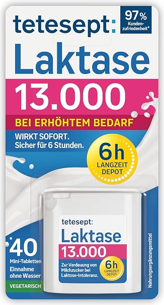 Tetesept Lactase 13000 Lactase Tablets 1 x Pack of 40 Tablets for lactose intolerance immediate effect and 6-hour long-term depot 13000 FCC units gluten and lactose free