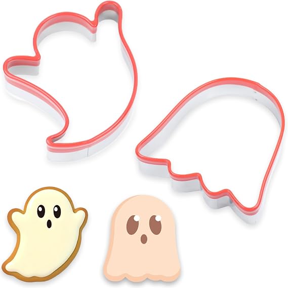2-Piece Hallowenn Ghost Cookie Cutters. Food-Grade Stainless Steel Sandwich Cutters, Biscuit Cutter Set, Holiday Cookie Cutters, Unique Design with Protective Red Top Rubber