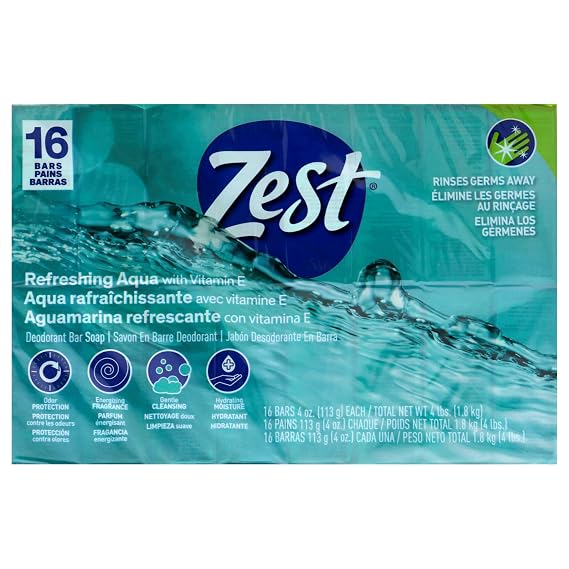 Zest Bar Soap - Enriched with Vitamin E - Moisturizing Body Soap - Gentle Soap - Paraben-Free Soap Bar - Suitable for All Skin Types - Aqua - 16 Pc