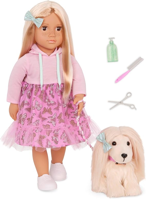 Our Generation - 18 Inch Pet Dolls and Puppies Set, Realistic Brown Eyes and Long Blonde Hair, Plush Dog Grooming Accessories, Pretend Play - Toys for Dogs