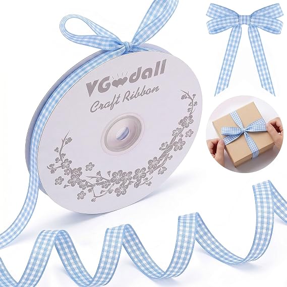 VGOODALL Gingham Ribbon, 50Yd Buffalo Checker Ribbons Crafts Ribbon Light Blue for DIY Project Picnic School Art Class Gift Wrapping