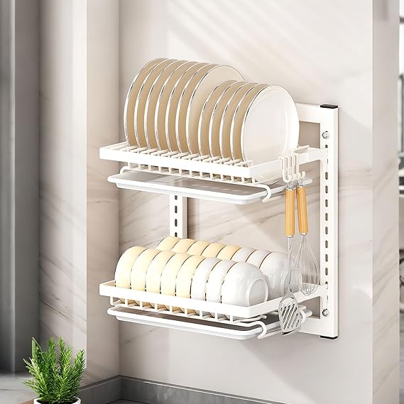 Wall Mounted Dish Drying Rack,Large Dish Drying Rack Dishes,Multi-Level Kitchen Organizer with Drainboard & 4 Hooks White Double-Layer Model 15in Standard