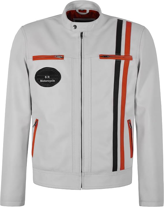 Men's SR Racing Motorbike Sport Biker Stripes Classic Style Real Leather Jacket 4022