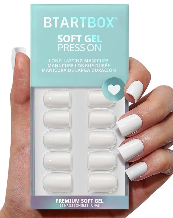 BTArtbox Press On Nails, Note Book, Short Square, Bright White, 32Ct | 2+ Weeks Wear, Salon-Quality Natural Nails, 10-Minute Easy Daily Application, Fast Removal, 16 Sizes, All-in-One Complete Kit