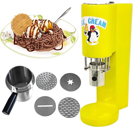Ice Cream and Soft Serve Maker, 7.4-7.9 Gal/Hr Commercial Spaghetti Ice Cream Press, Gelato Machine with 4 Shape Molds, Ice Cream Noodle Maker Yellow