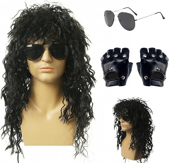 3Pcs Rock Wig Set 70s 80s Disco Hippie Costume Mullet Wig for Men Women Black Long Curly Wigs Disco Rock Star Heavy Metal Punk Gloves Sunglasses for Halloween Carnival Party (Black)