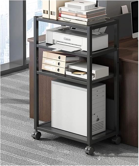 Printer Table 4-Tier Printer Stand, Rolling Floor-Standing Deskside PC Host Stand, Adjustable Layer Spacing Printer Storage, Black Frame Storage Shelve