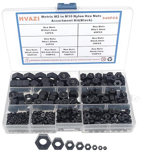 540PCS Metric M2-M10 Black Nylon Hex Nuts Assortment Kit