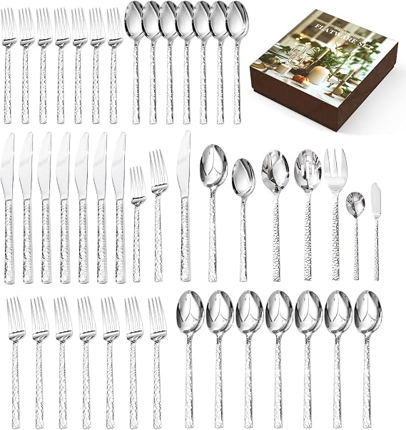 45 Piece Silverware Set with Serving Utensils, 18/10 Stainless Steel | KINGSTONE Hammered Flatware Set, Mirror Polished Knives Forks Spoon Utensils, Cutlery Set for Party, Wedding, Dishwasher Safe