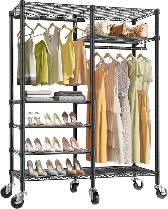 VIPEK R4 Rolling Clothing Rack, Garment Rack with Movable Wheels, Black | 360 Silent Wheels, 4 Adjustable Shelves, 2 Hanger Rods, Heavy Duty Clothes Rack for Hanging Clothes, Laundry Room/ Closet
